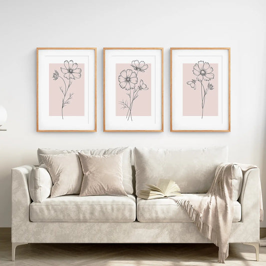 Pink Botanical Wall Art Set of 3 Modern Floral Prints