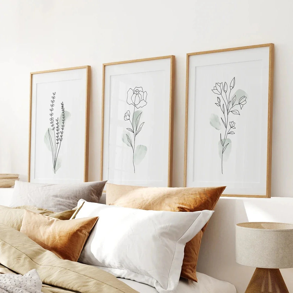 Boho botanical wall art set of 3 prints with sage green leaves and line art
