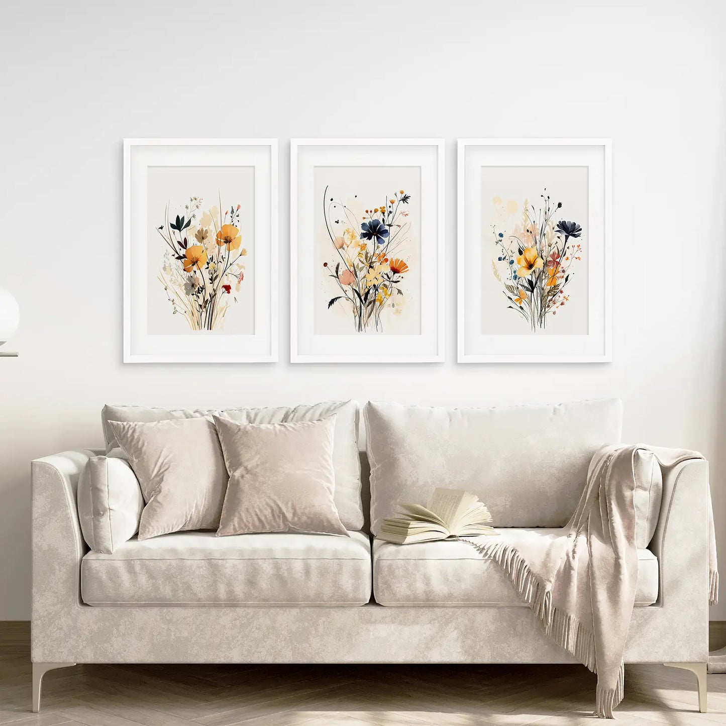 Neutral Wildflower Wall Art Set of 3 Watercolor Prints