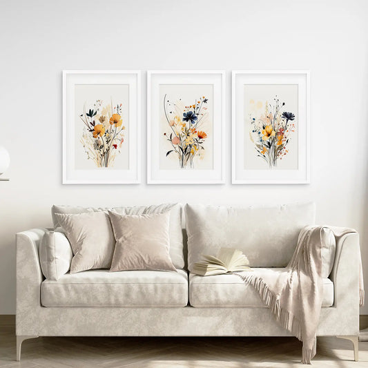 Neutral Wildflower Wall Art Set of 3 Watercolor Prints