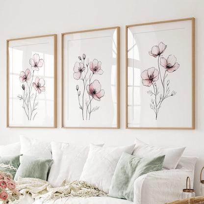 Floral minimalist botanical wall art set of 3 with soft pink blossoms and fine line detail