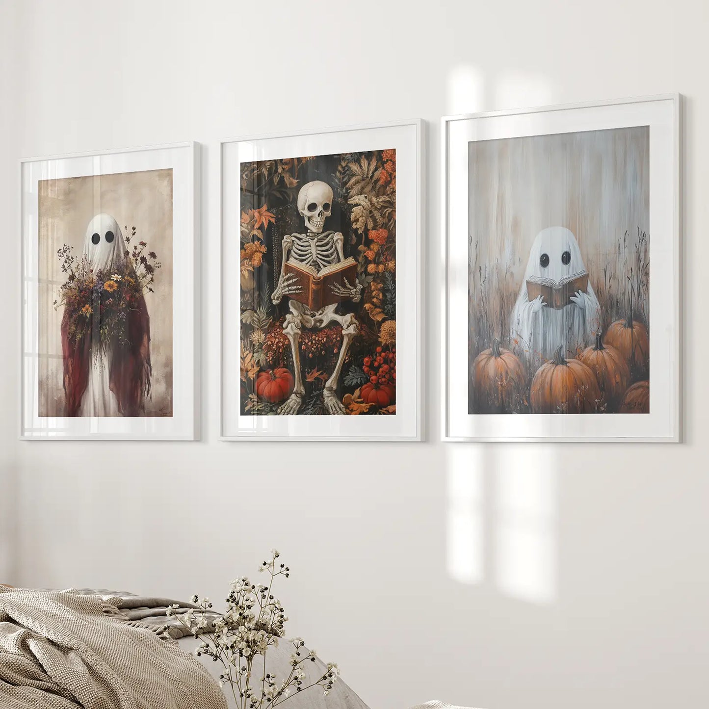 Halloween Skeleton Ghost Wall Art Set of 3 Prints