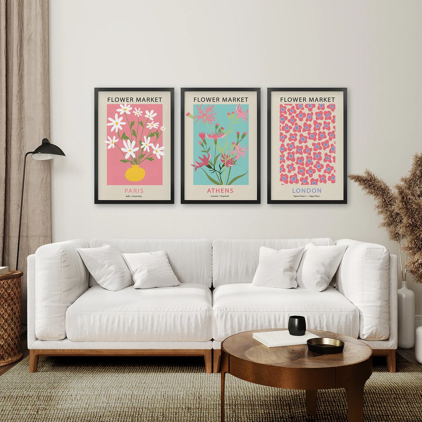 Flower Market Wall Art Set of 3, Pink and Blue Floral Prints