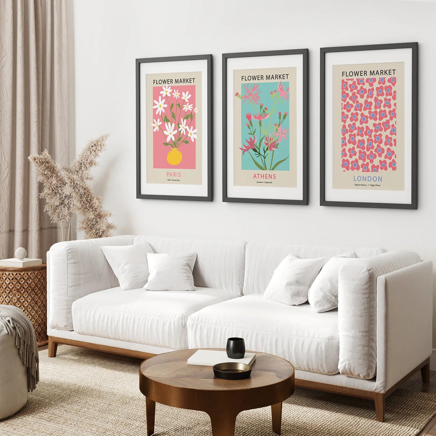 Flower Market Wall Art Set of 3, Pink and Blue Floral Prints