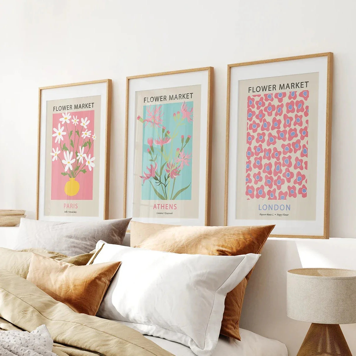 Pink and blue flower market floral wall art set of 3
