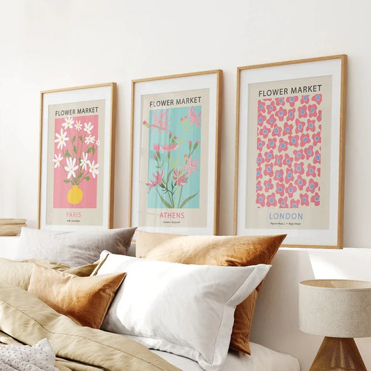 Pink and blue flower market floral wall art set of 3