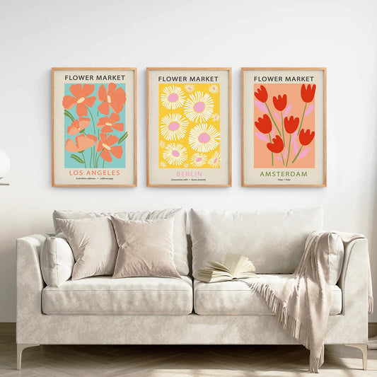 Botanical Boho Wall Art Set of 3, Flower Market Prints