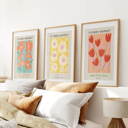 Botanical boho flower market wall art set of 3, LA Berlin Amsterdam
