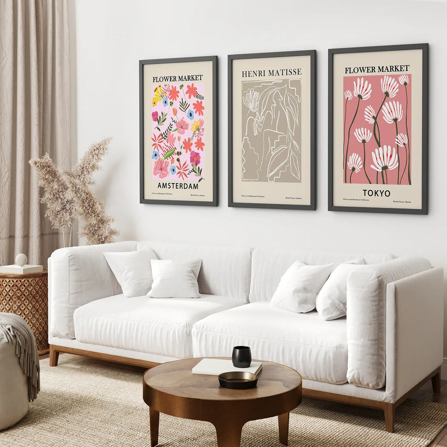 Pink Flower Market Wall Art Set of 3, Retro Floral Prints