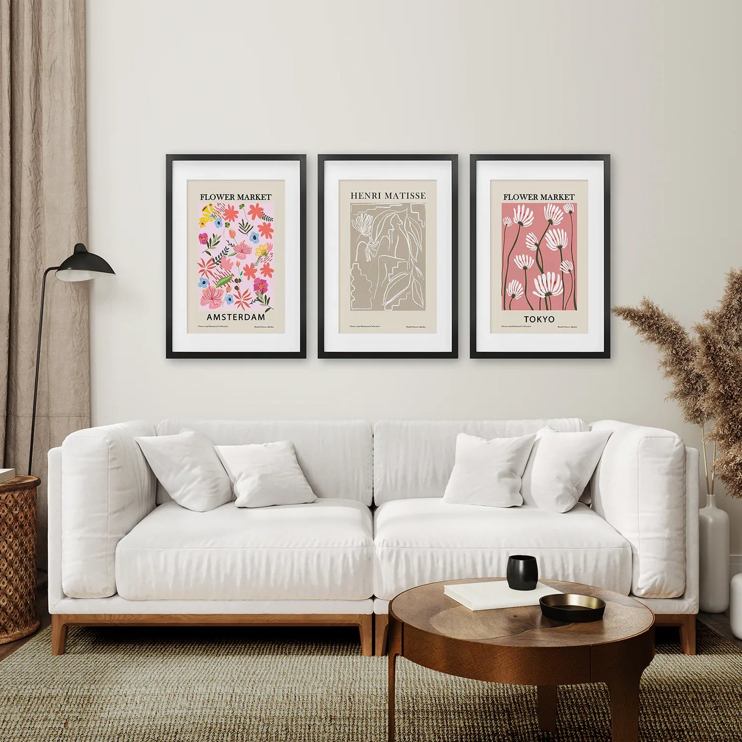 Pink Flower Market Wall Art Set of 3, Retro Floral Prints