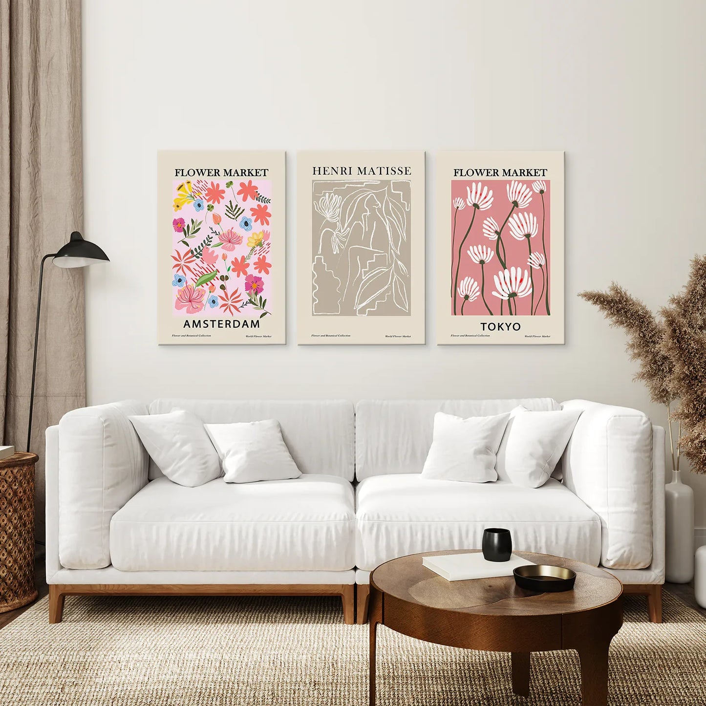 Pink Flower Market Wall Art Set of 3, Retro Floral Prints