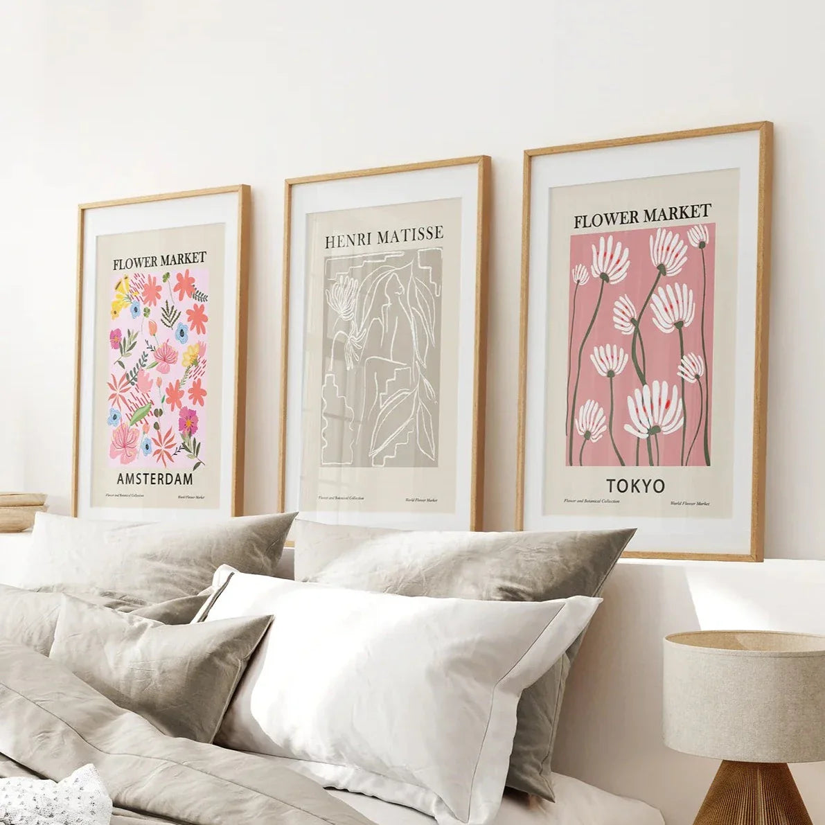 Pink and beige retro flower market wall art set of 3