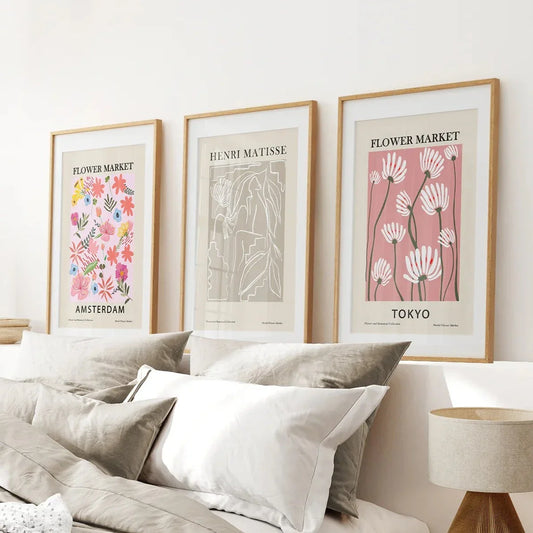 Pink and beige retro flower market wall art set of 3