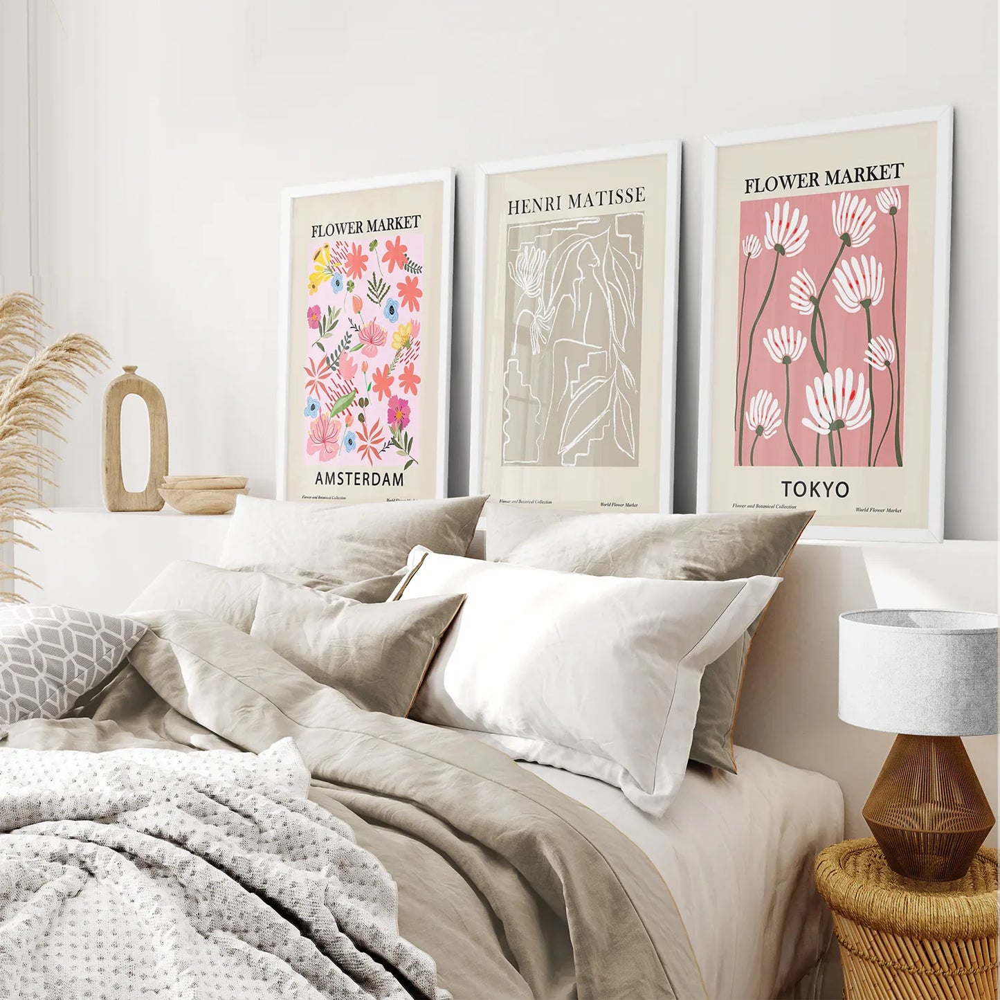 Pink Flower Market Wall Art Set of 3, Retro Floral Prints
