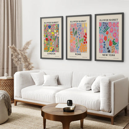 Flower Market Wall Art Set of 3, Boho New York London Rome