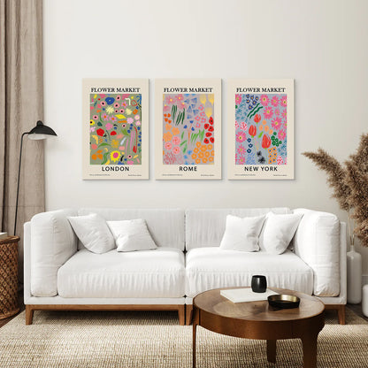 Flower Market Wall Art Set of 3, Boho New York London Rome