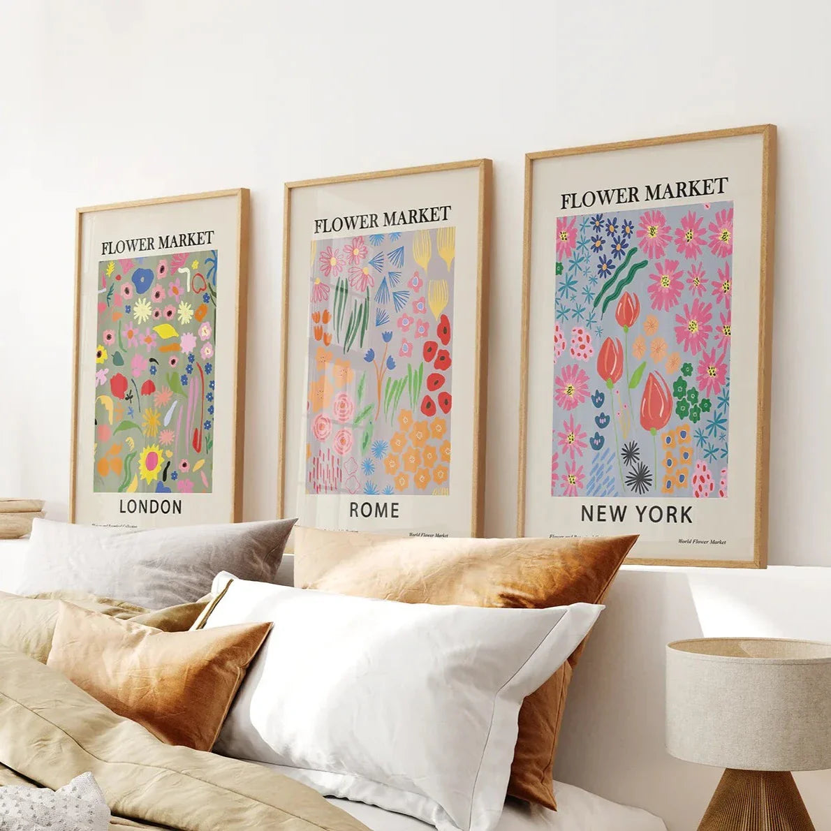 Boho flower market wall art set of 3, New York London Rome