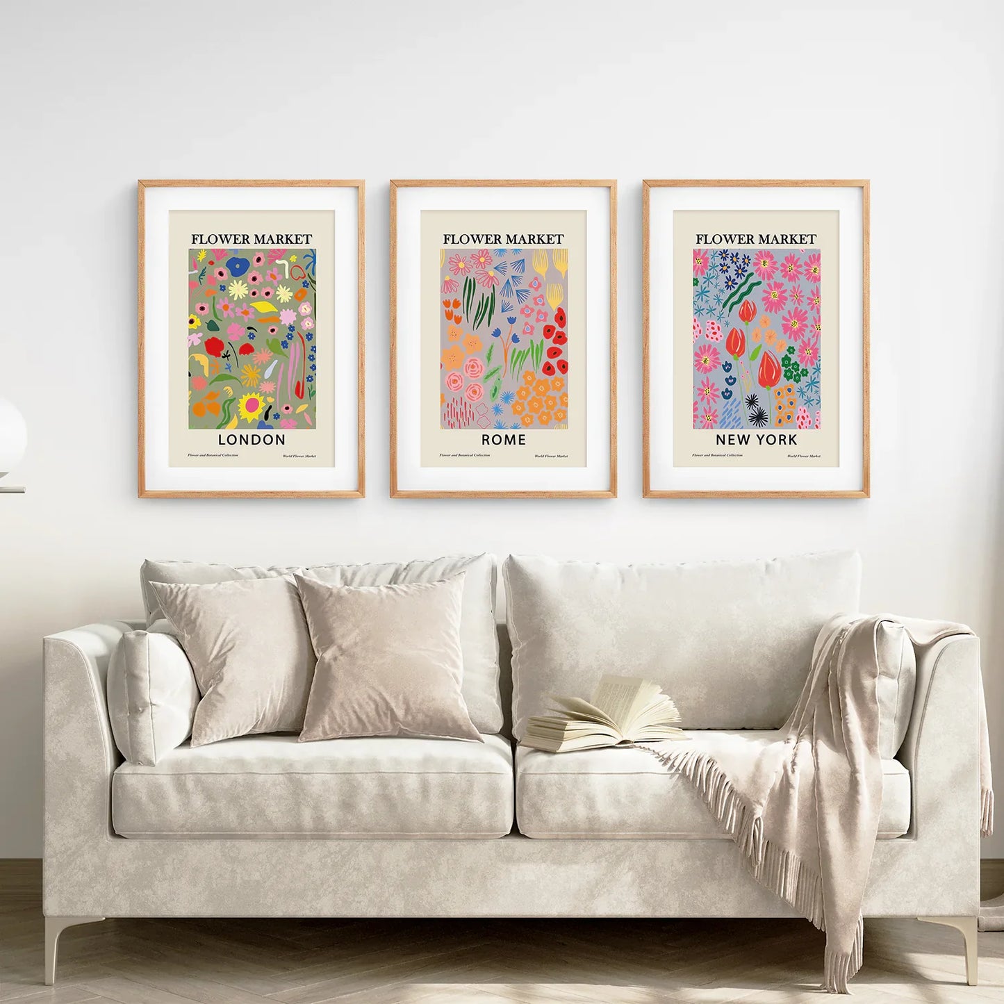 Flower Market Wall Art Set of 3, Boho New York London Rome