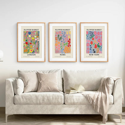 Flower Market Wall Art Set of 3, Boho New York London Rome