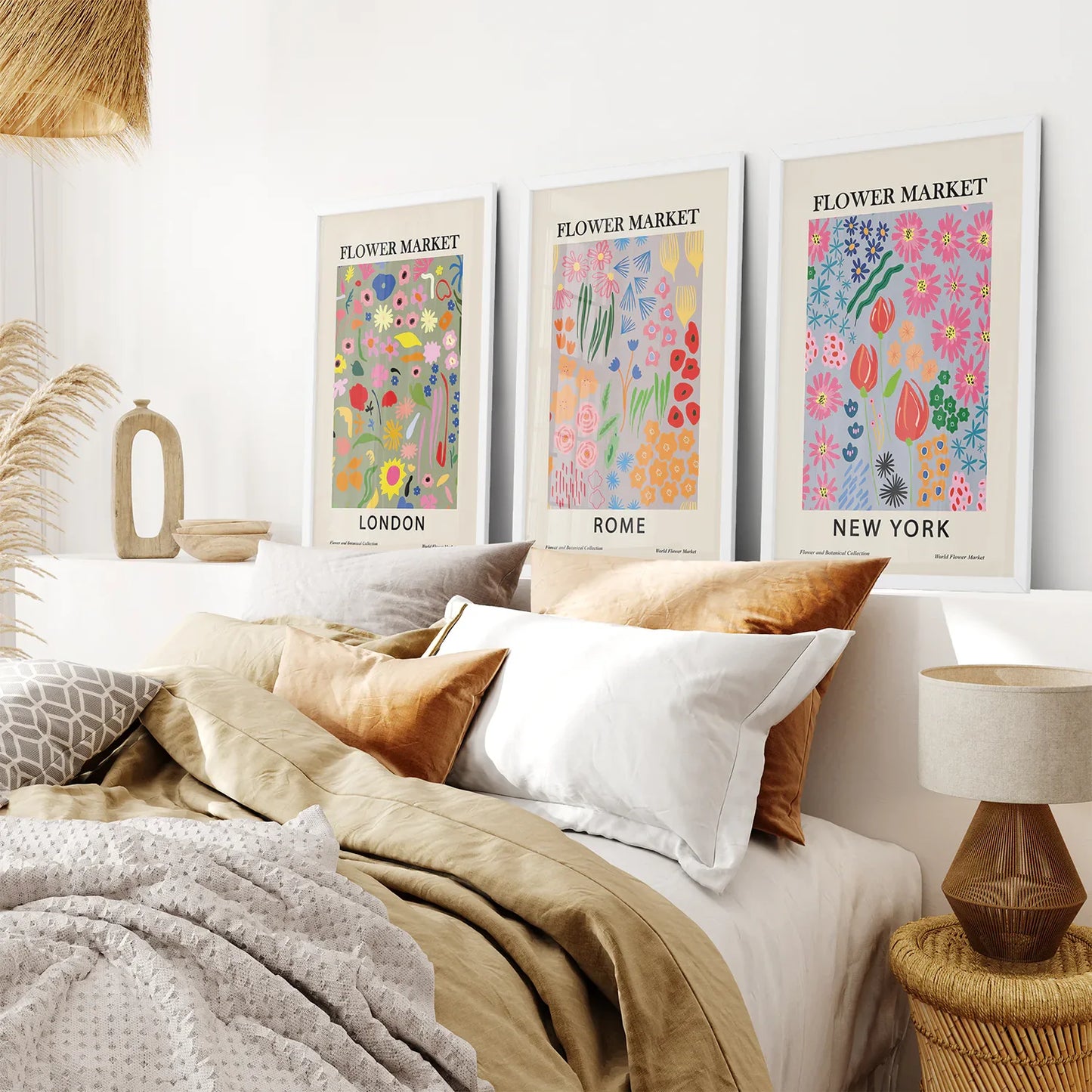 Flower Market Wall Art Set of 3, Boho New York London Rome
