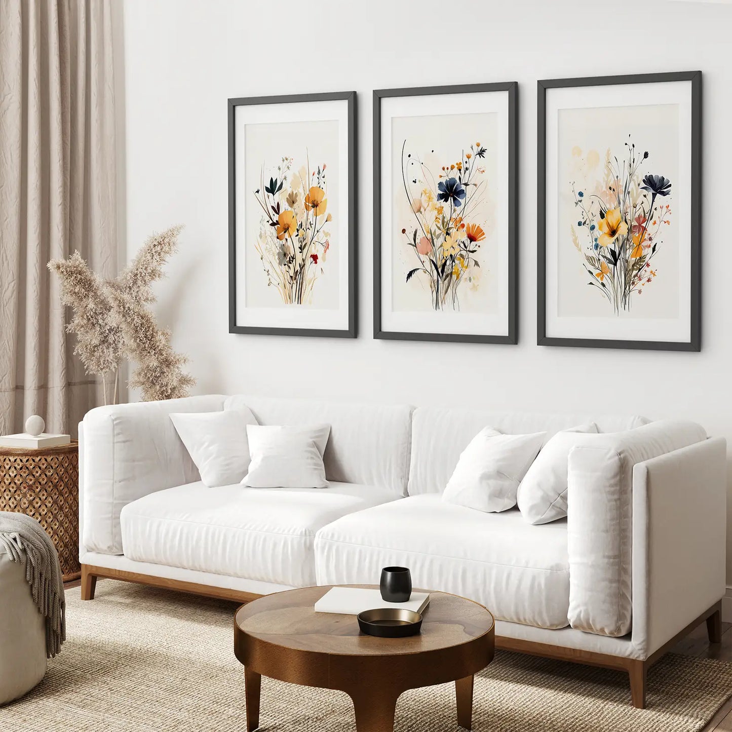 Neutral Wildflower Wall Art Set of 3 Watercolor Prints