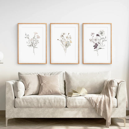 Watercolor Floral Wall Art Set of 3, Dark Botanical Prints