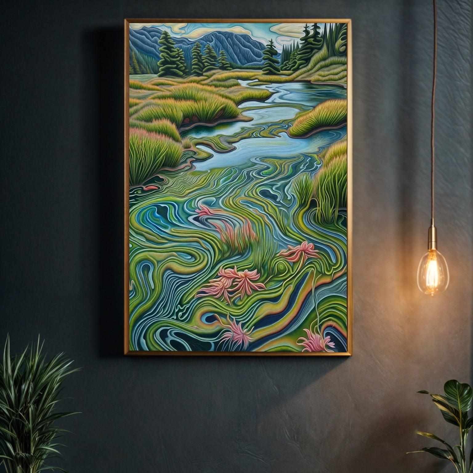Flowing Serenity river landscape canvas wall art with greenery and wildflowers