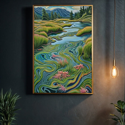 Flowing Serenity river landscape canvas wall art with greenery and wildflowers