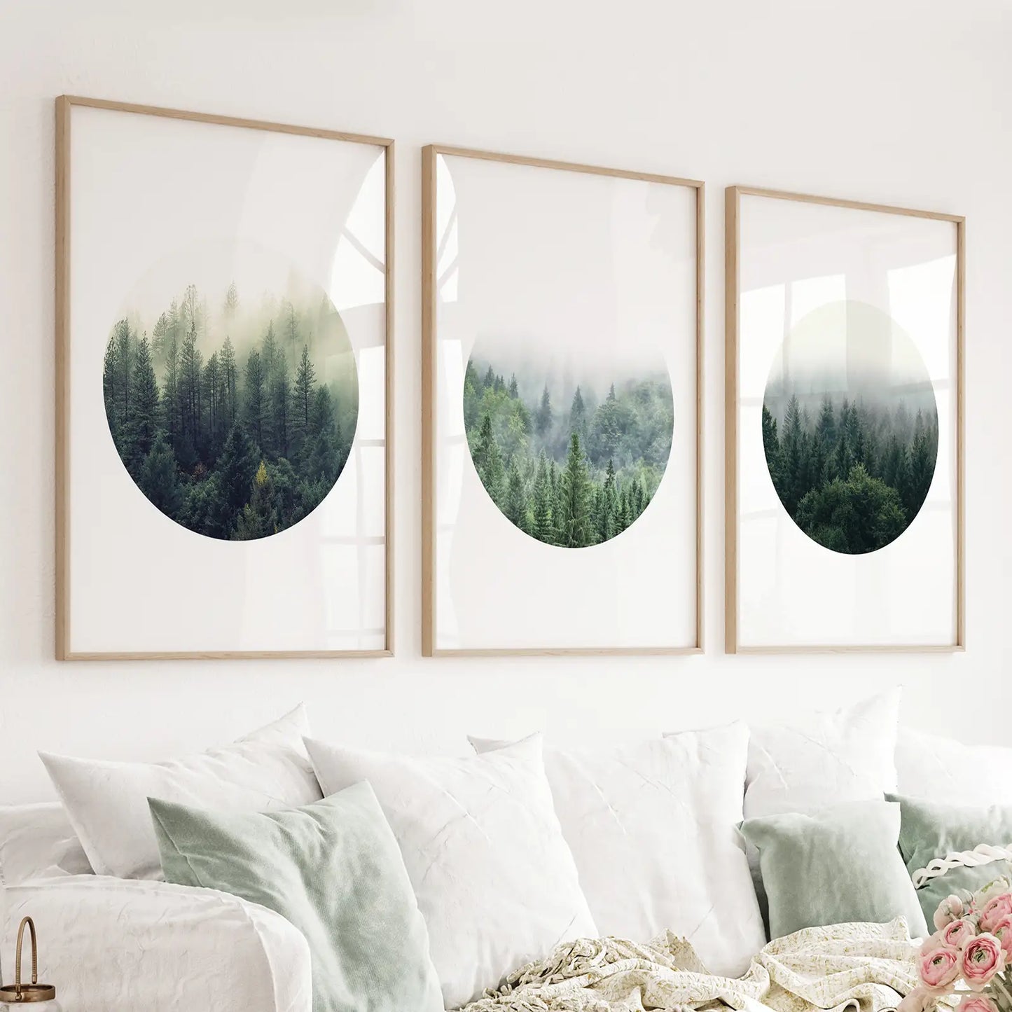 Nordic forest 3 piece wall art set with Scandinavian circle framing
