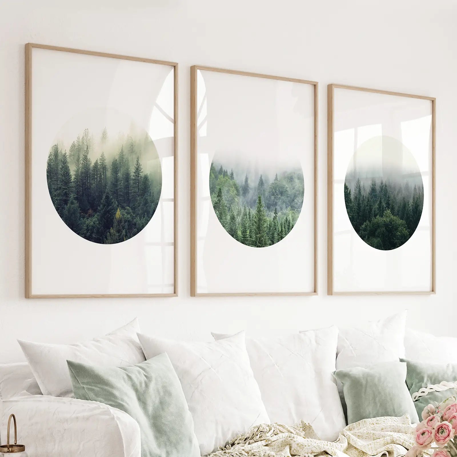 Nordic forest 3 piece wall art set with Scandinavian circle framing