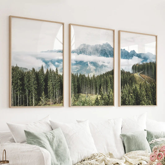 Pine forest and blue foggy mountains 3 piece Nordic wall art set