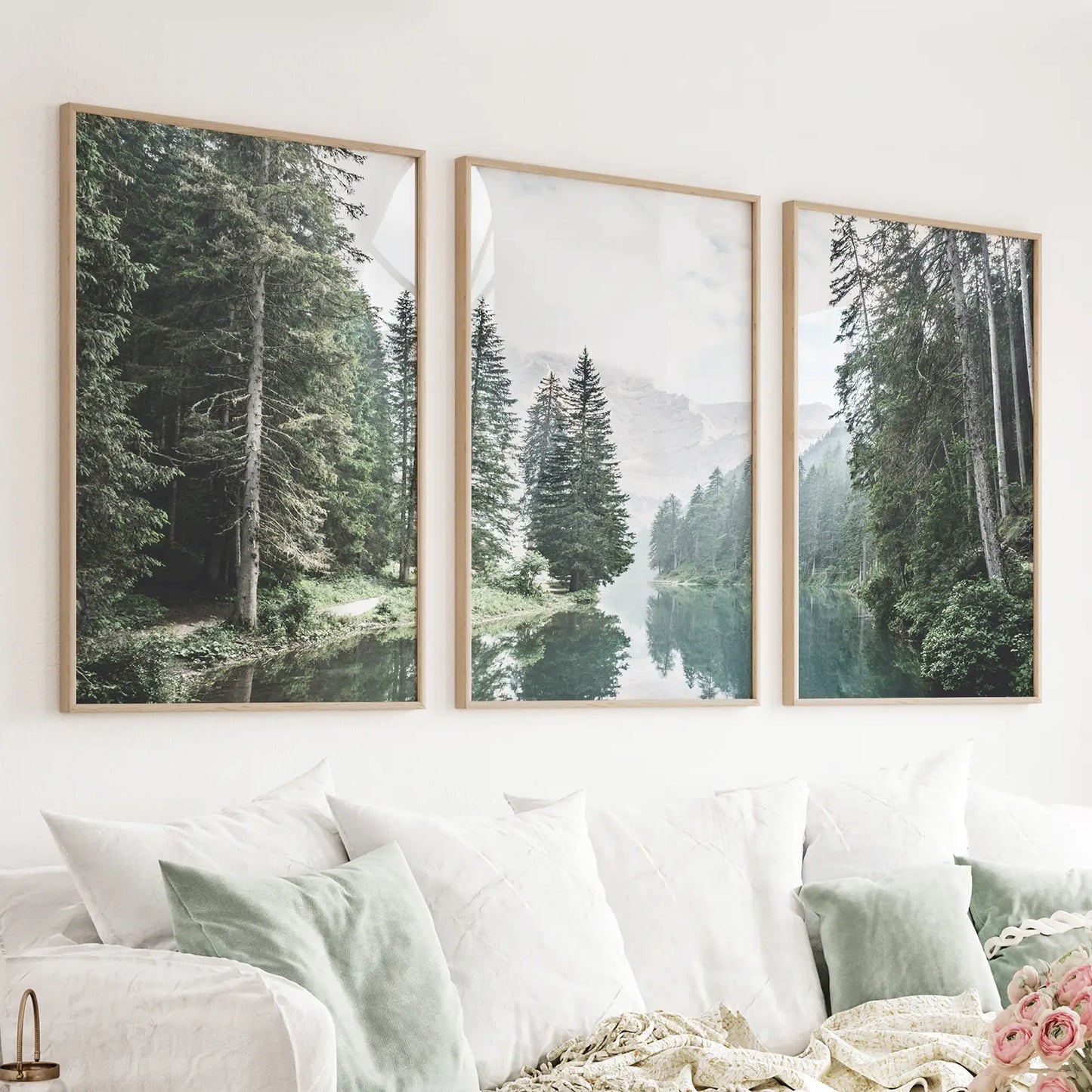 Green forest river 3 piece wall art set with misty mountains