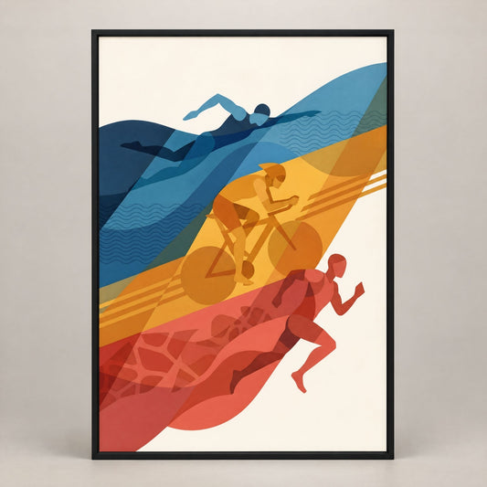 Framed abstract triathlon print, black wood frame, shown against a plain neutral studio ground