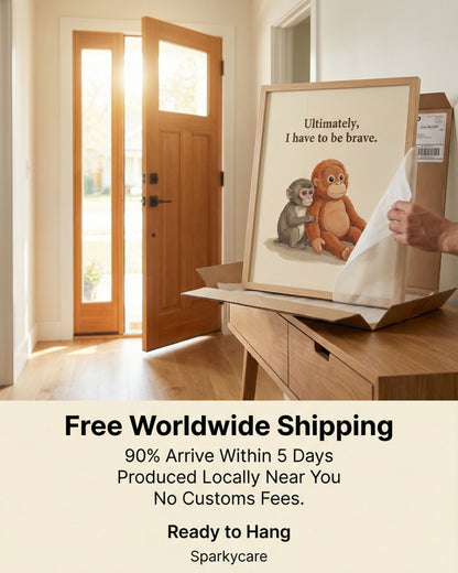 Framed artwork being placed into a box with text about free worldwide shipping.
