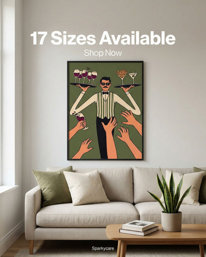 Framed artwork of a bartender with multiple hands reaching towards him, displayed in a living room.