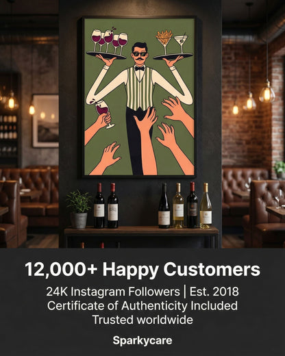 Framed artwork of a bartender with wine glasses in a restaurant setting, featuring Sparkycare branding.