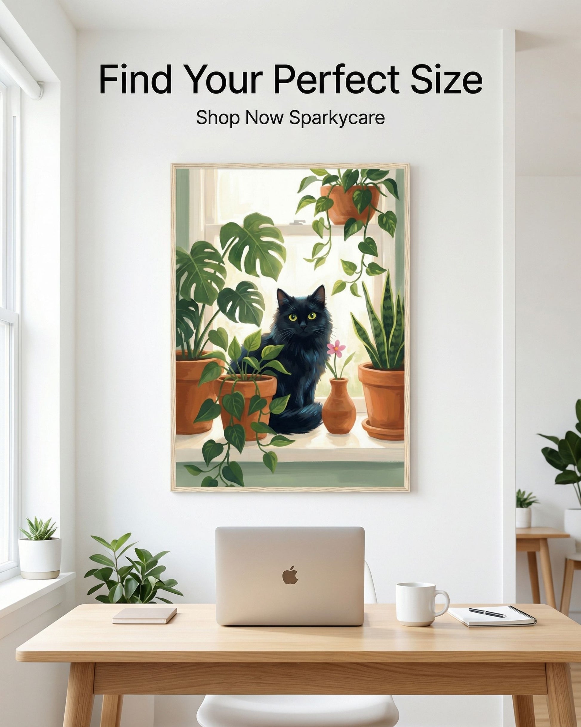 Framed artwork of a black cat among plants on a wall above a desk with a laptop.