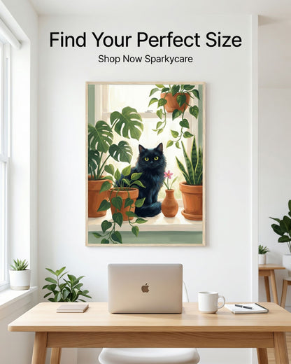 Framed artwork of a black cat among plants on a wall above a desk with a laptop.