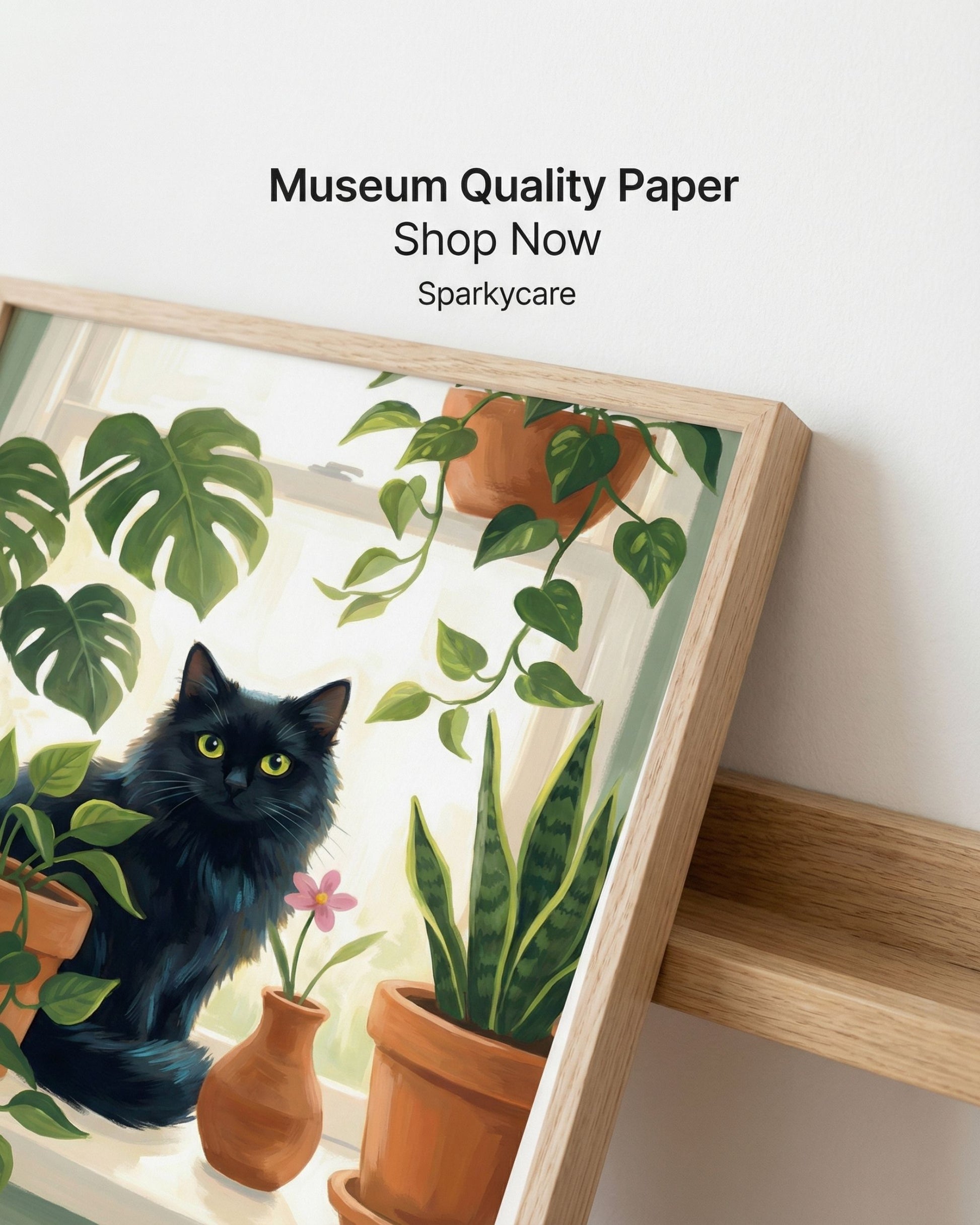 Framed artwork of a black cat among plants with 'Museum Quality Paper' text overlay.