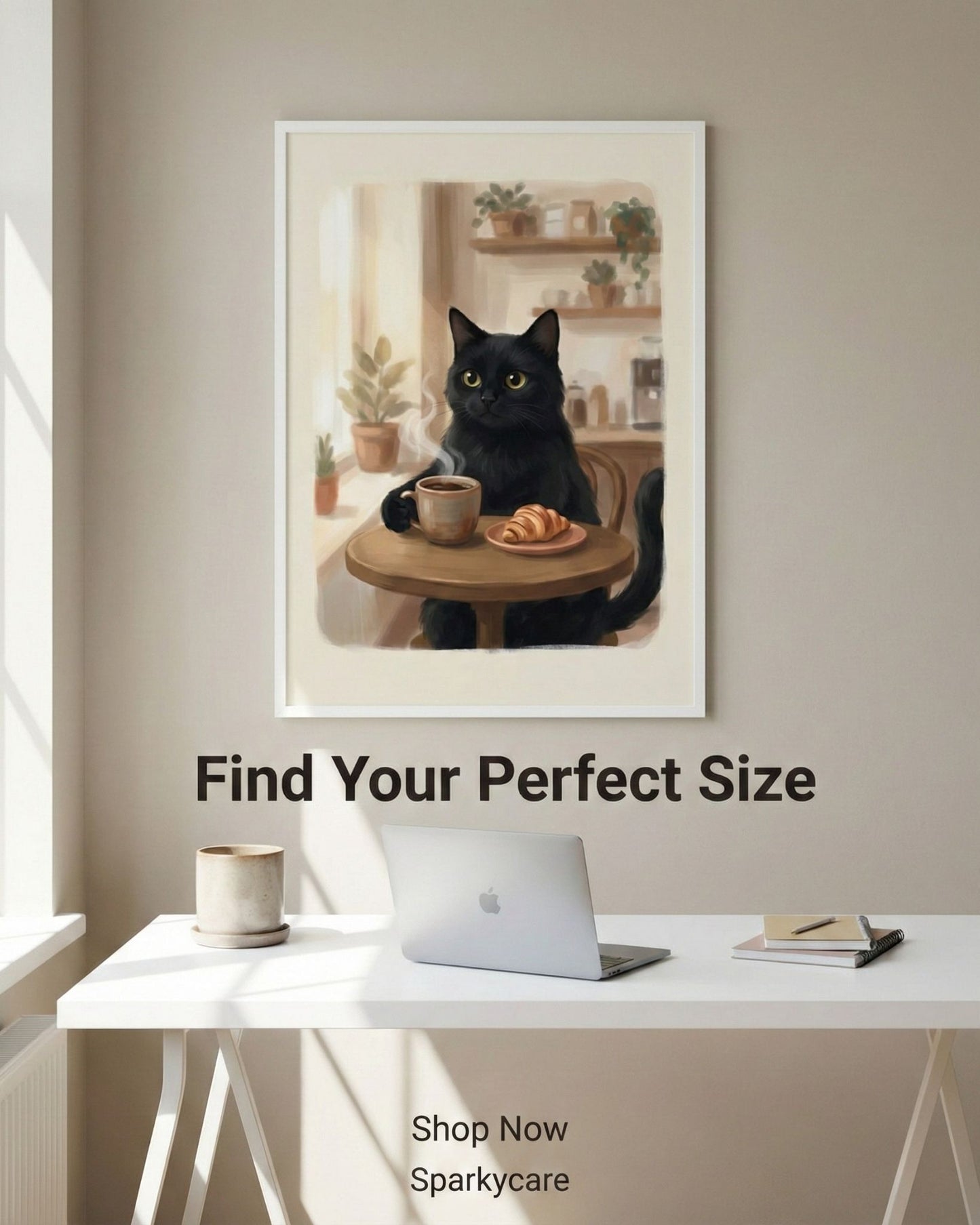 Framed artwork of a black cat with a cup and bread on a table in a home setting, displayed above a desk.