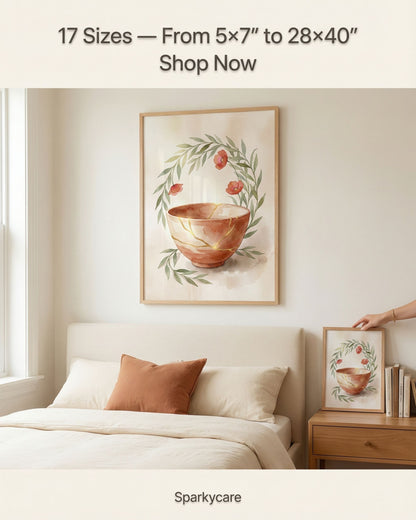 Framed artwork of a bowl with flowers on a wall above a bed, with text about available sizes and a 'Shop Now' call to action.