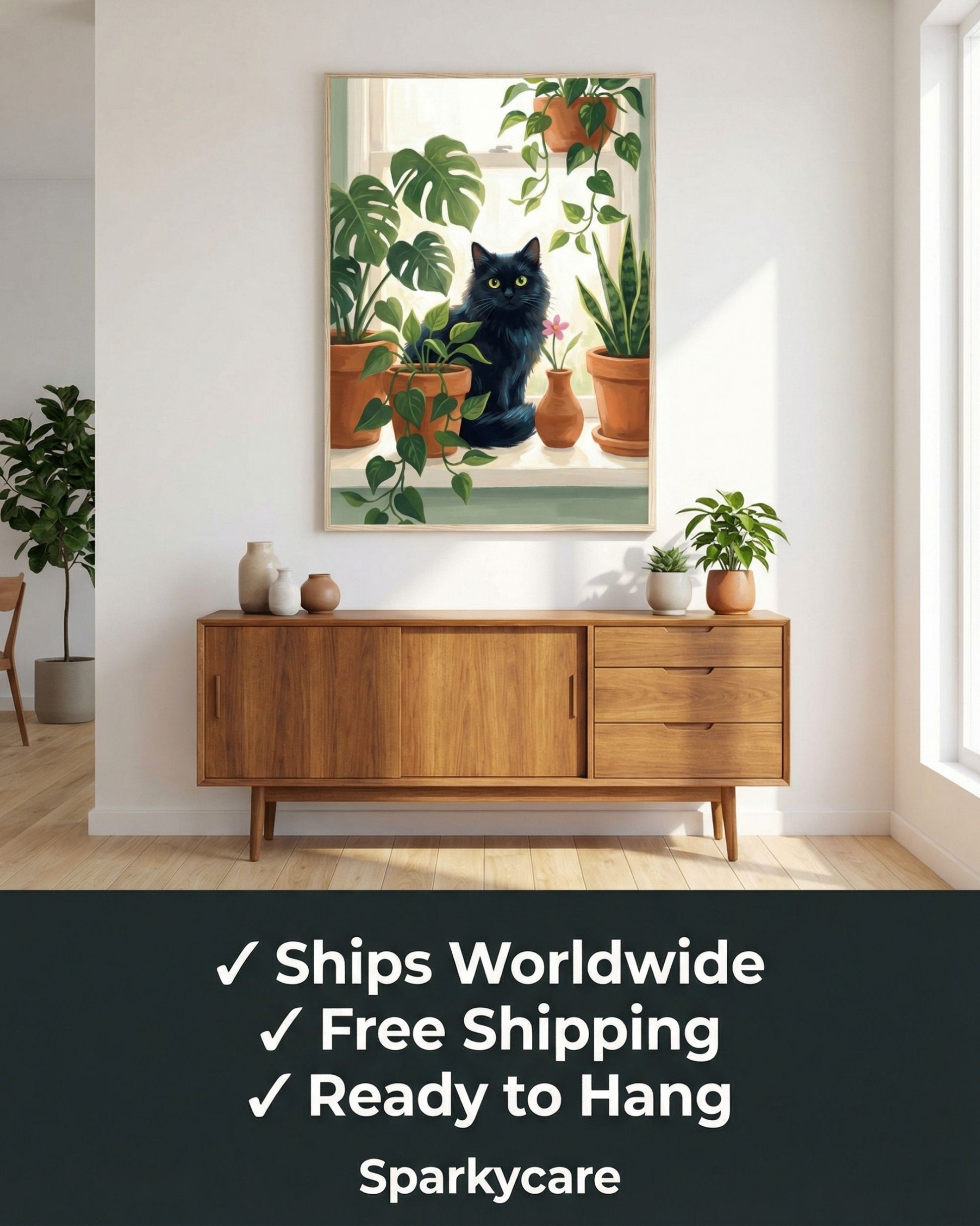 Framed artwork of a cat among plants on a wall above a wooden sideboard.
