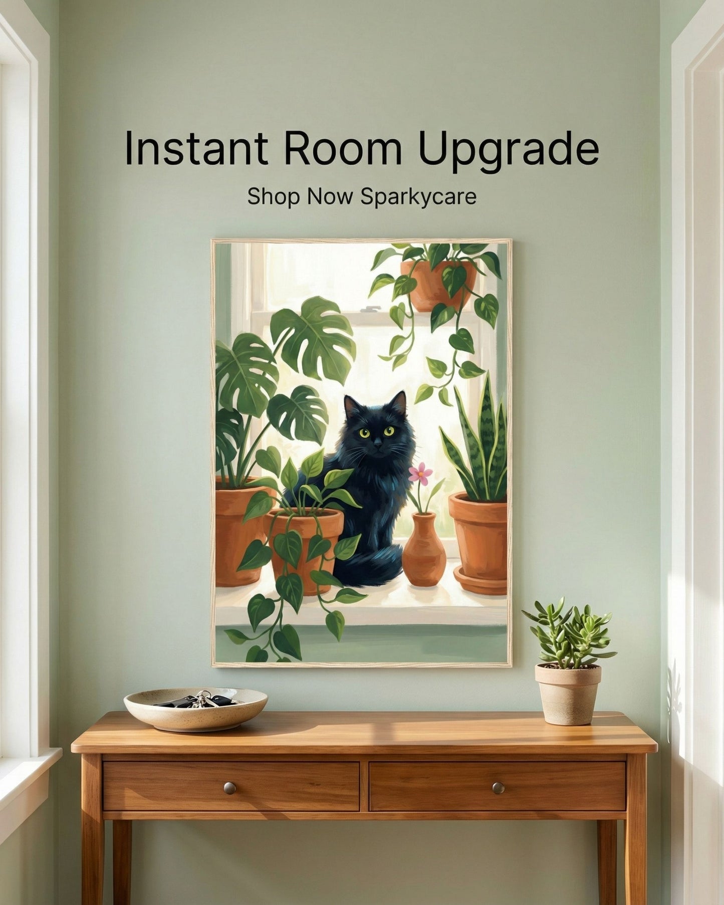 Framed artwork of a cat among plants on a wall above a wooden table.