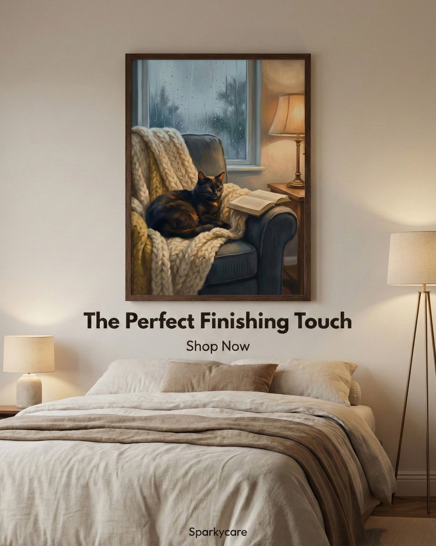 Framed artwork of a cat on a couch in a cozy bedroom setting with 'The Perfect Finishing Touch' text.