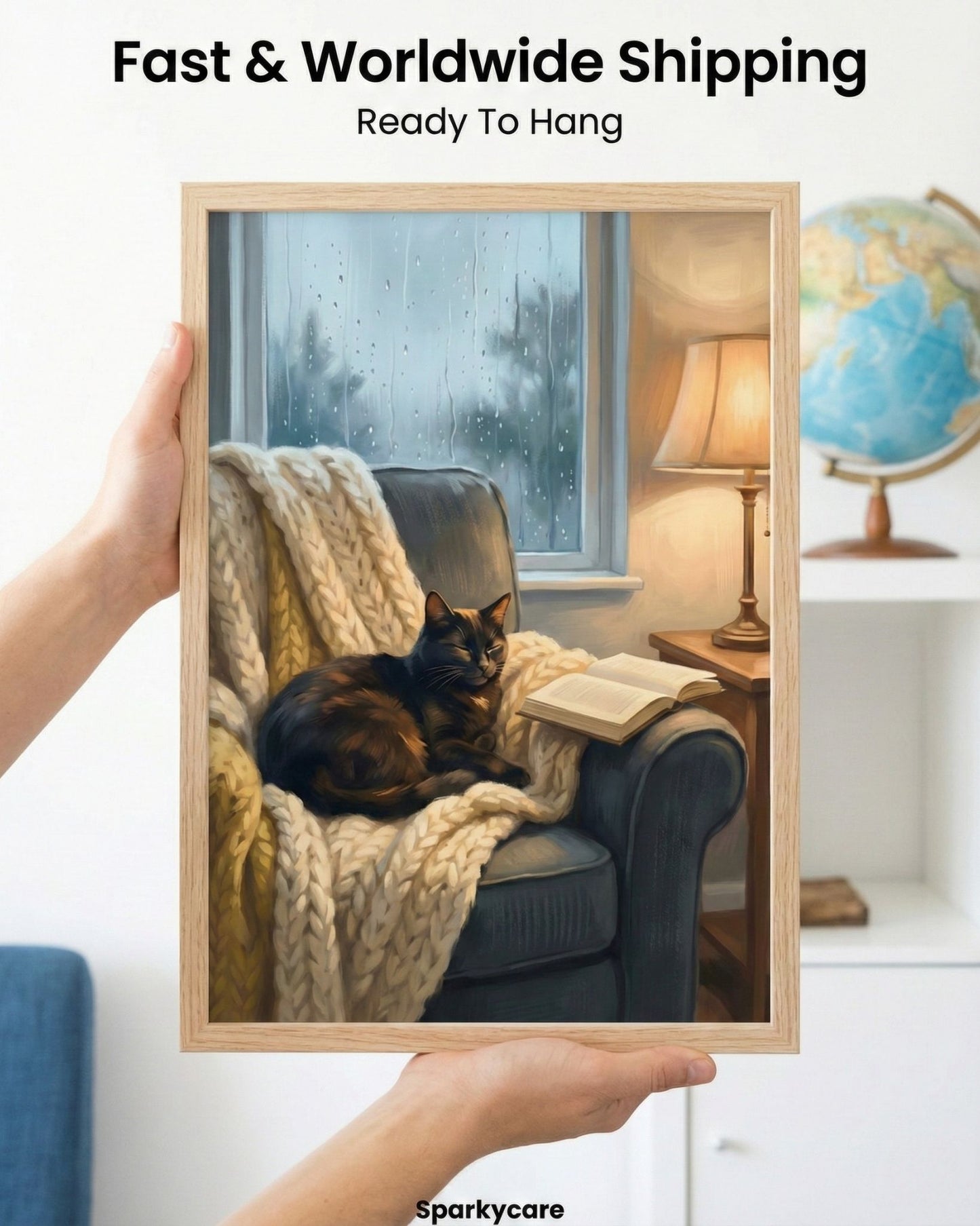 Framed artwork of a cat on a couch with text about shipping and availability.