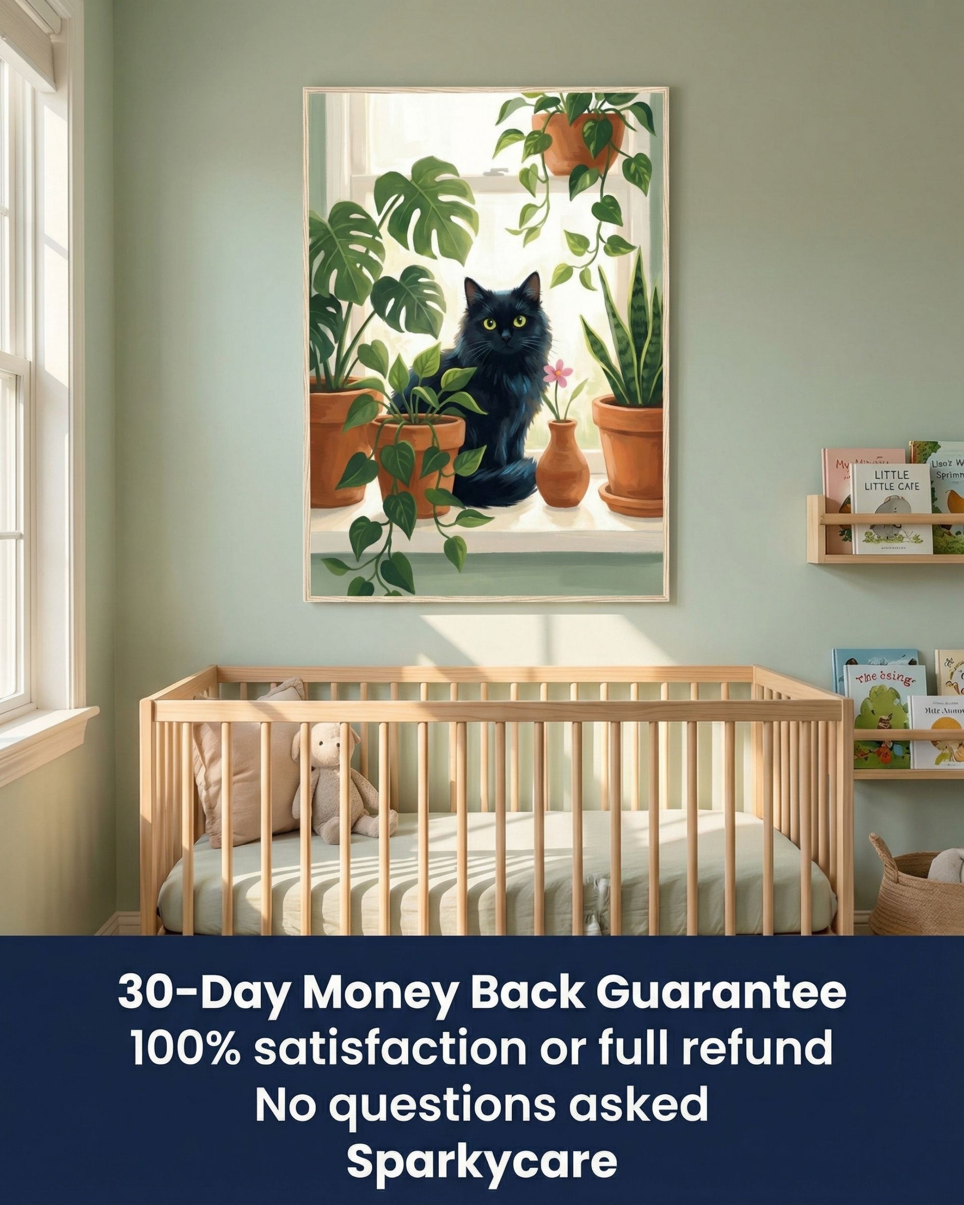 Framed artwork of a cat on a couch with text about shipping and availability.