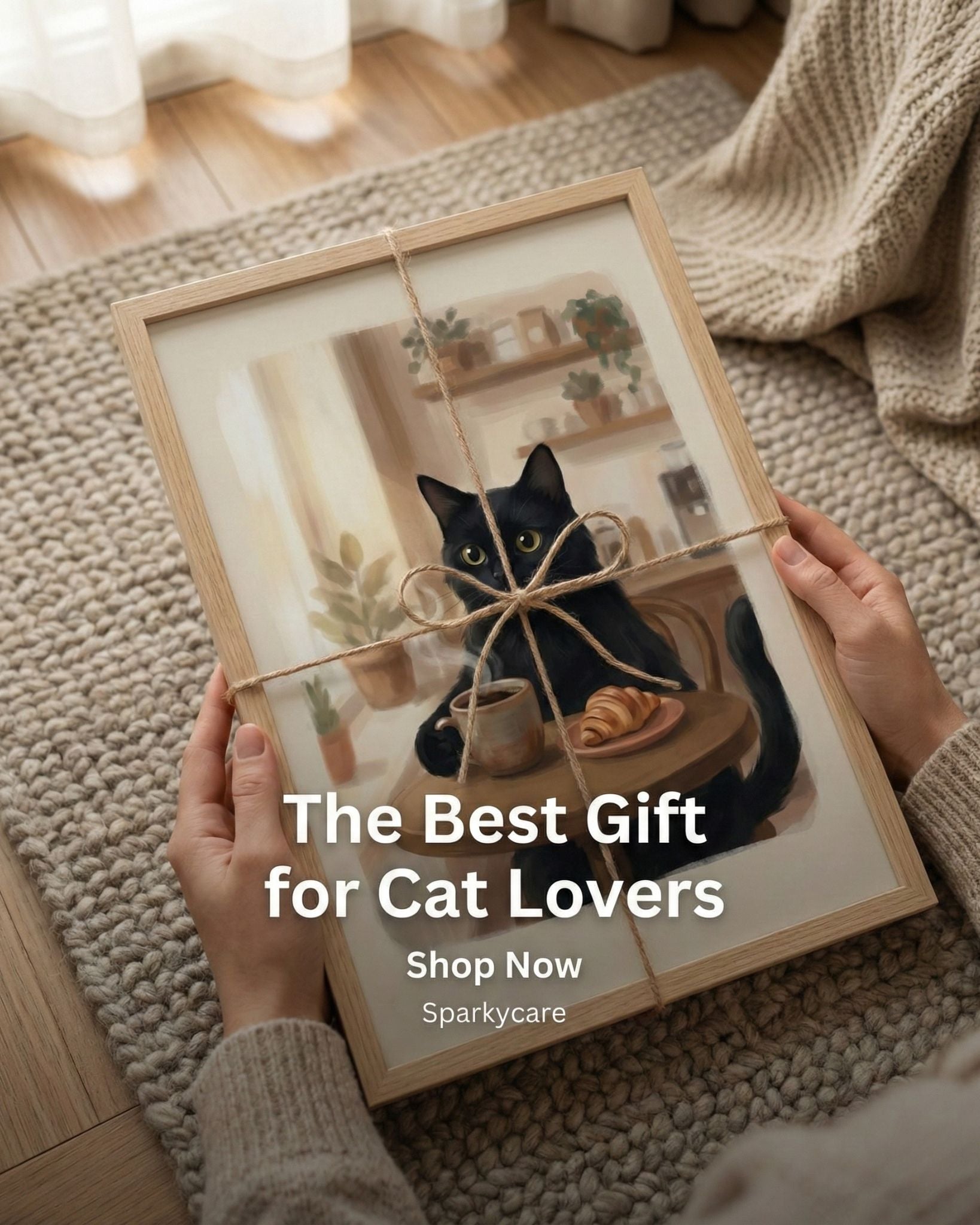 Framed artwork of a cat on a table with text 'The Best Gift for Cat Lovers' and 'Shop Now' from Sparkycare.