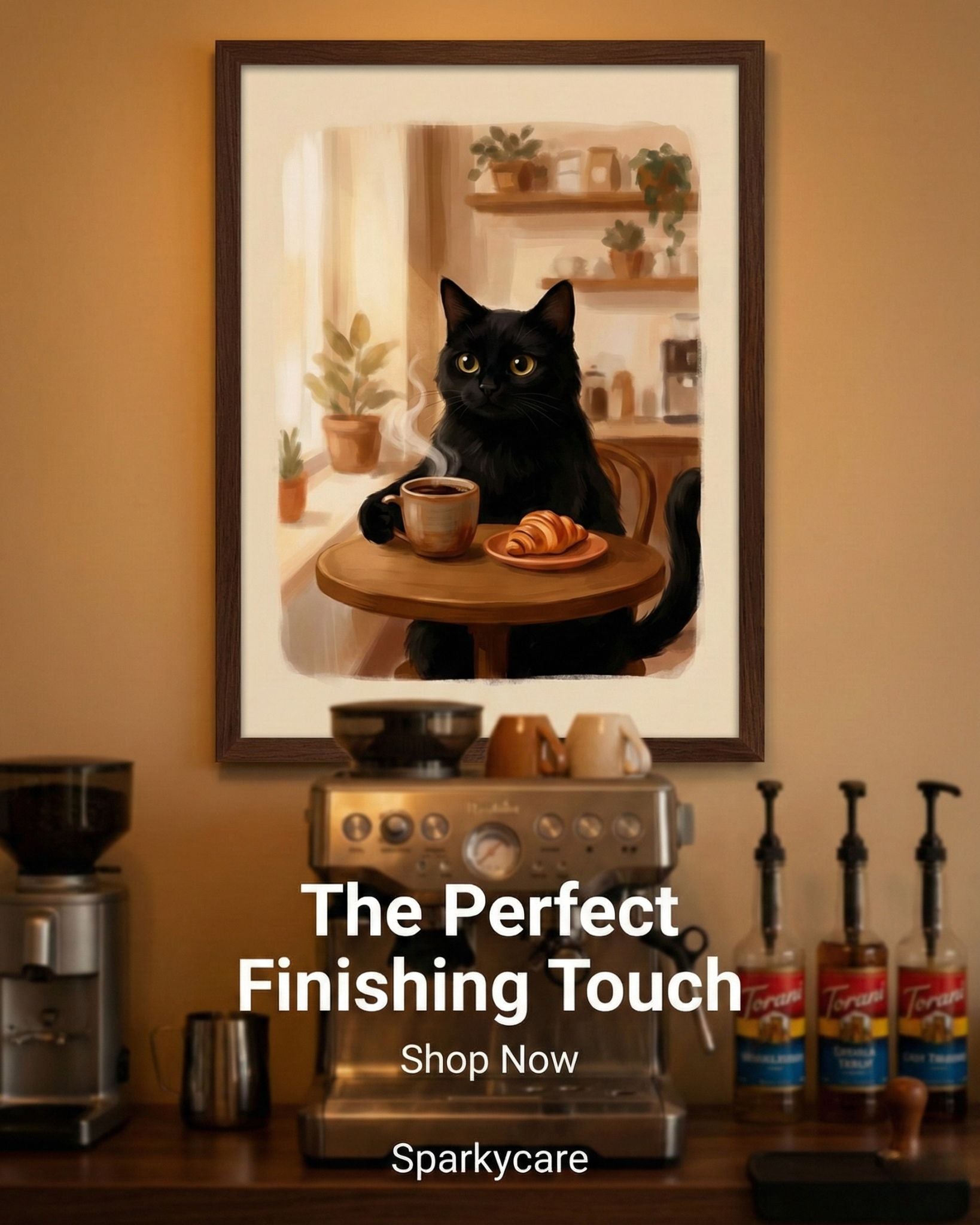 Framed artwork of a cat with coffee on a table in a kitchen setting, with text 'The Perfect Finishing Touch' and 'Shop Now' from Sparkycare.