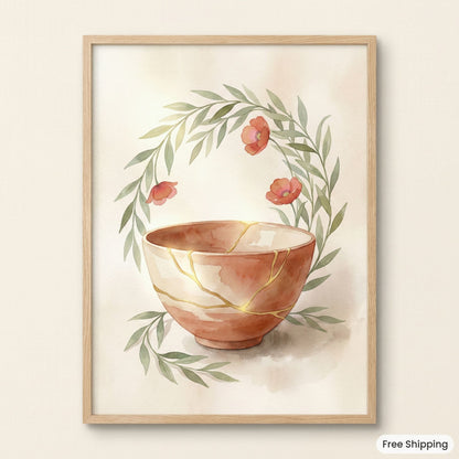 Framed artwork of a ceramic bowl with gold accents, surrounded by leaves and flowers on a beige background.