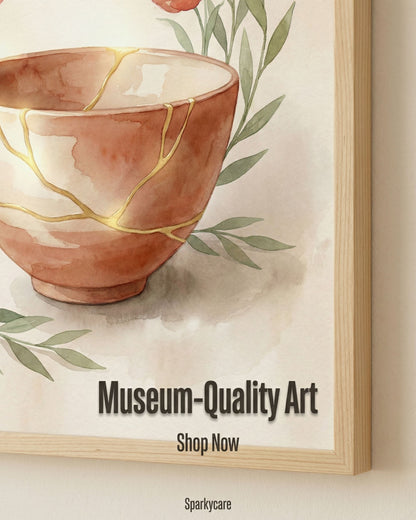 Framed artwork of a ceramic bowl with gold repair and green leaves on a beige background, featuring 'Museum-Quality Art' text.